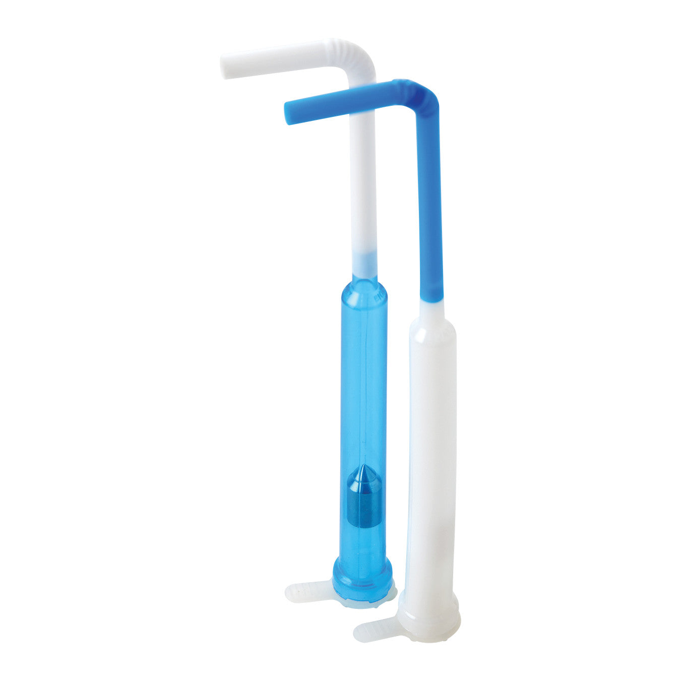 Two SafeStraw devices, one blue and one white, stand upright. They have bent tops and cylindrical bodies with a base for support.