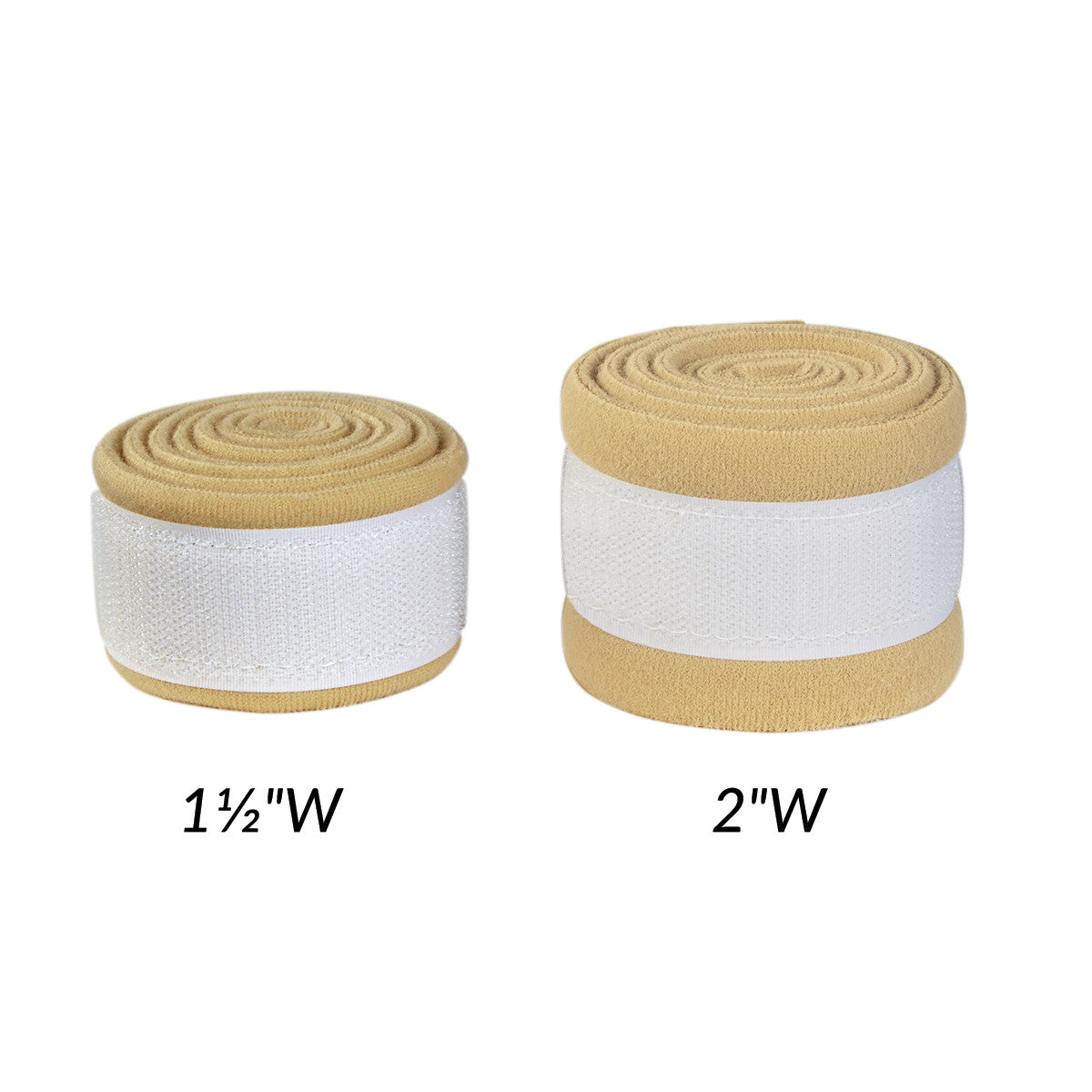 Two rolled AliMed AliStrap Soft Precut Patient Safety Straps, one 1� inches wide and the other 2 inches wide, wrapped with white bands.