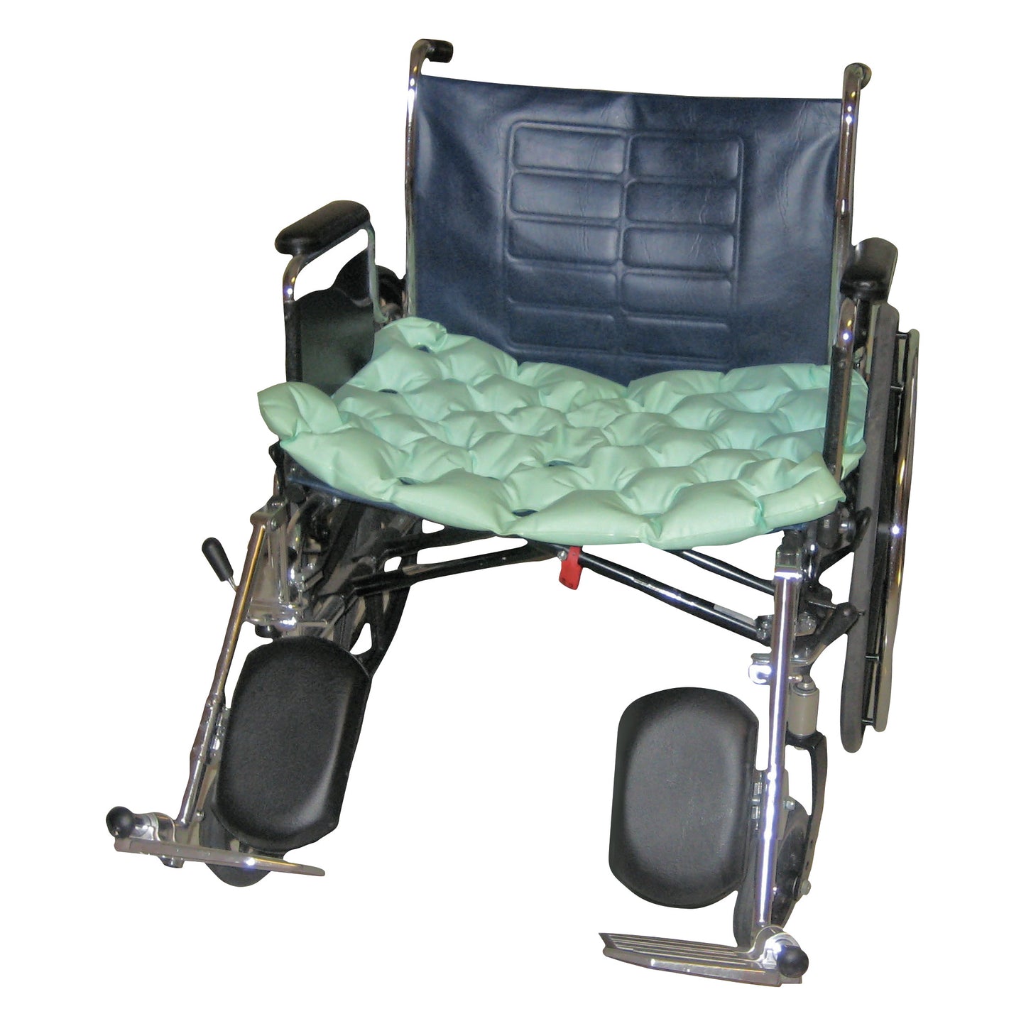 Wheelchair with an EHOB WAFFLE Seat Cushion attached, featuring a blue backrest and footrests, designed for comfort and support.