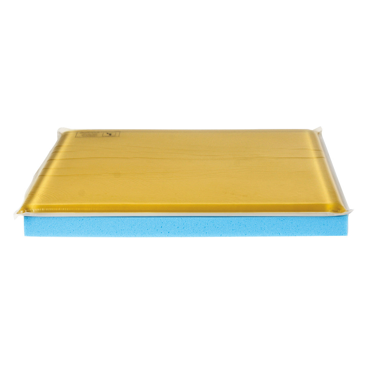 Side view of the AliMed T-Gel Plus Wheelchair Cushion, featuring a yellow gel top and blue foam base.