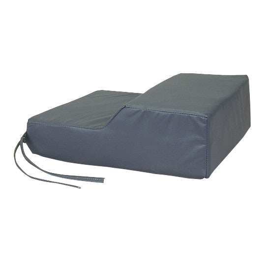 AliMed Anti-Thrust Wheelchair Cushion with Flat Base, shown in grey, featuring a notch for leg support and securing straps.