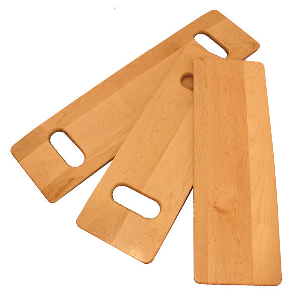Three AliMed Maple Transfer Boards with rounded edges and hand slots are arranged overlapping each other.