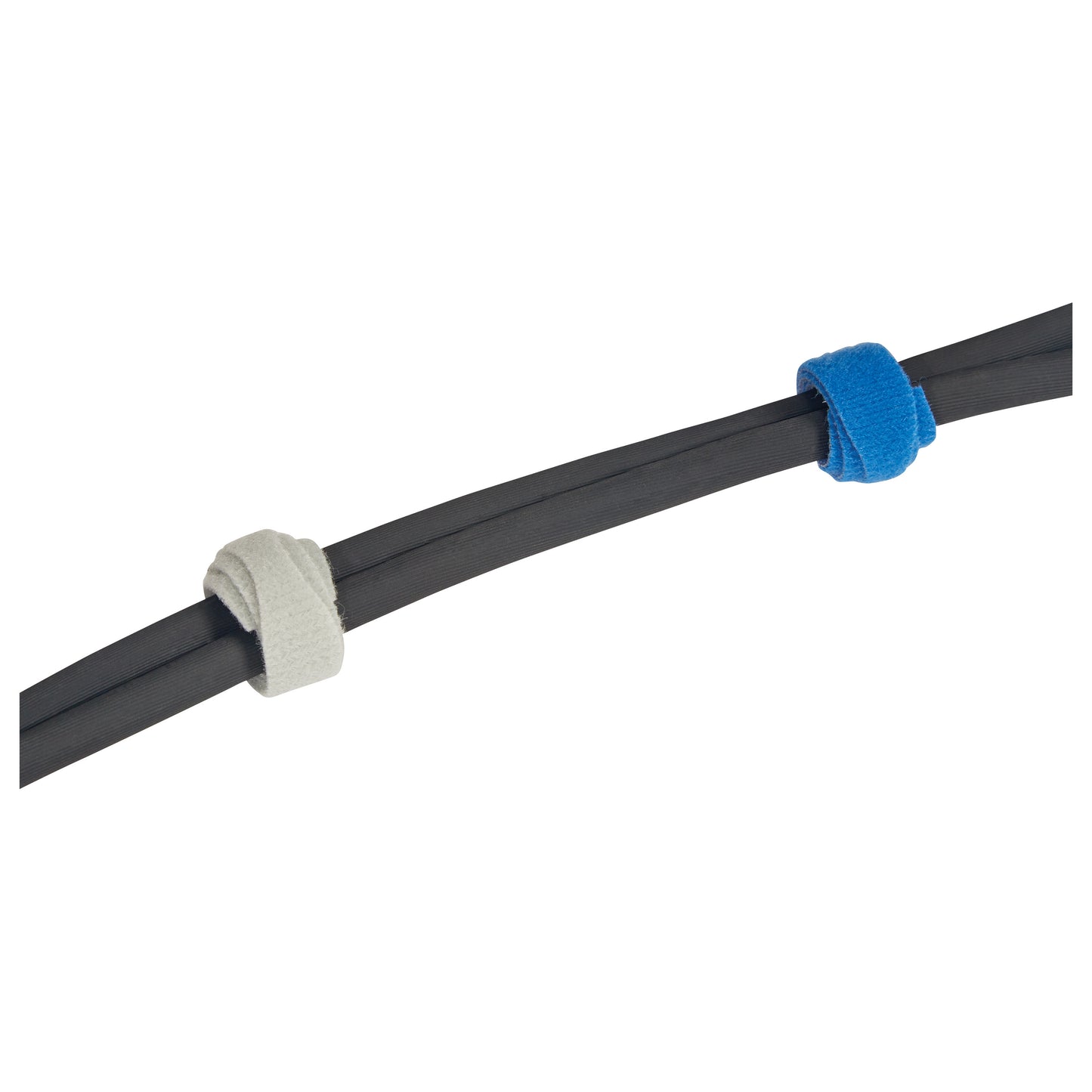 Two black cables secured with AliMed AliTies, featuring gray and blue hook and loop straps.