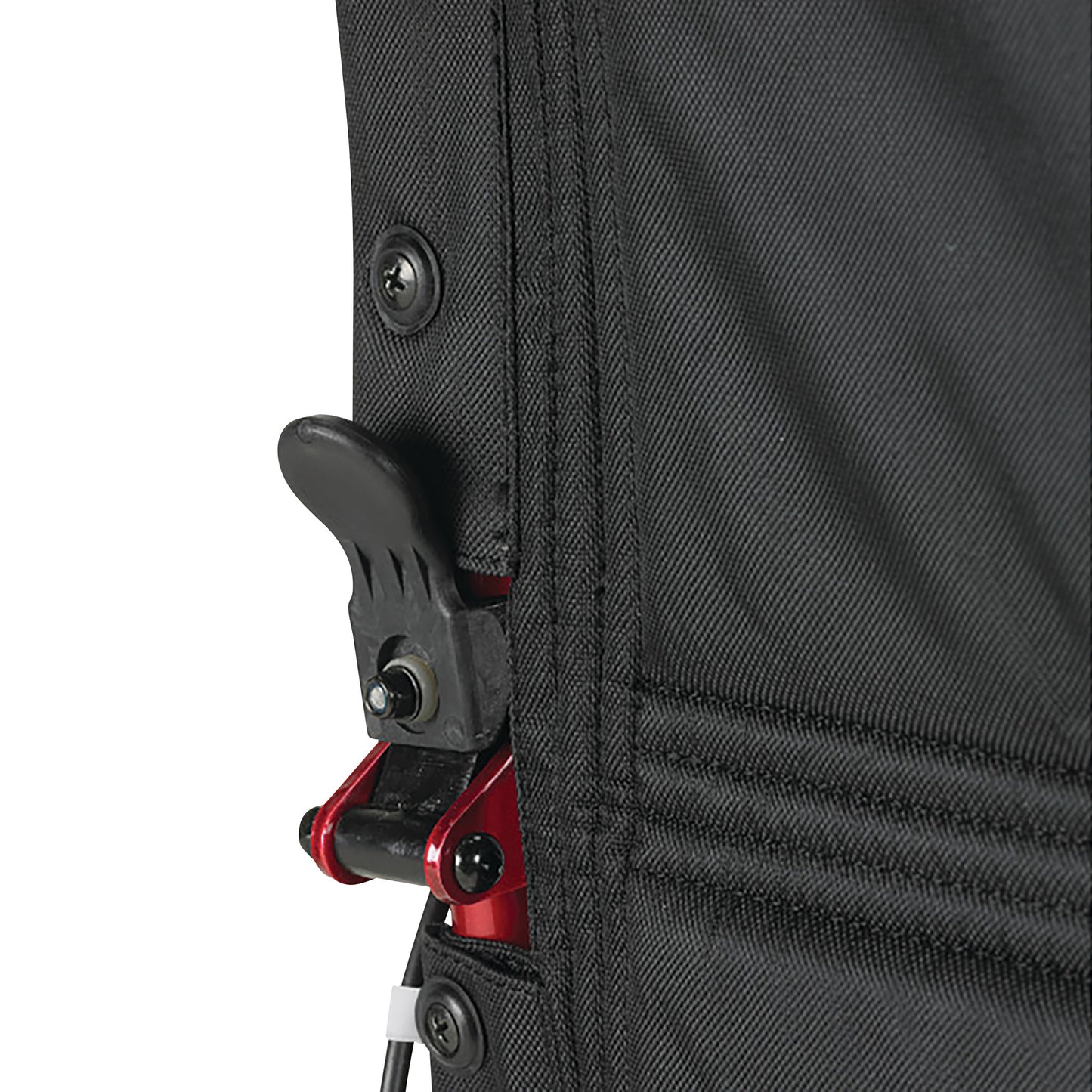 Close-up of the Drive Medical Expedition Transport Chair with Loop Lock, showing the black and red locking mechanism and fabric.