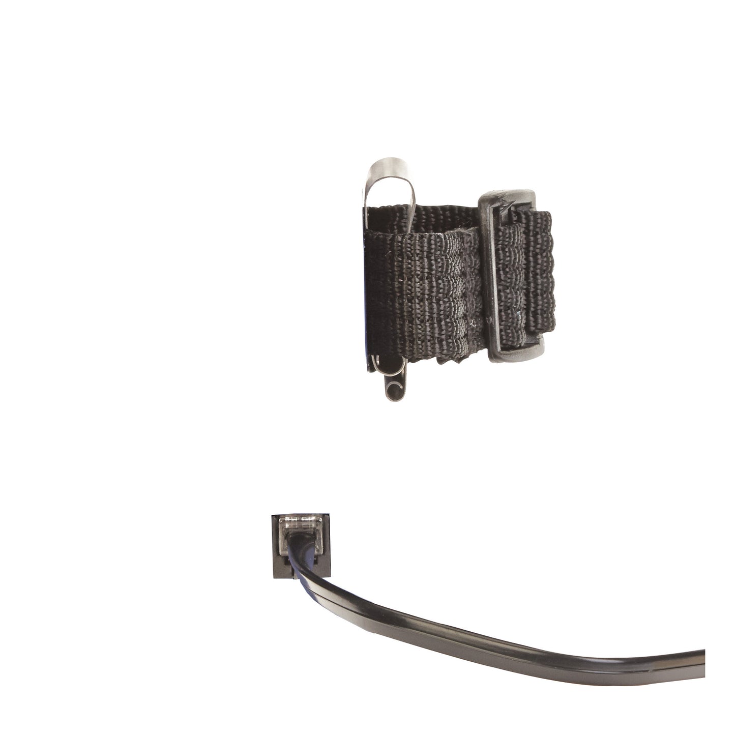 Side view of the AliMed Worry-Free Sensor Alarm, showing a reset button, strap, and a connected cable.