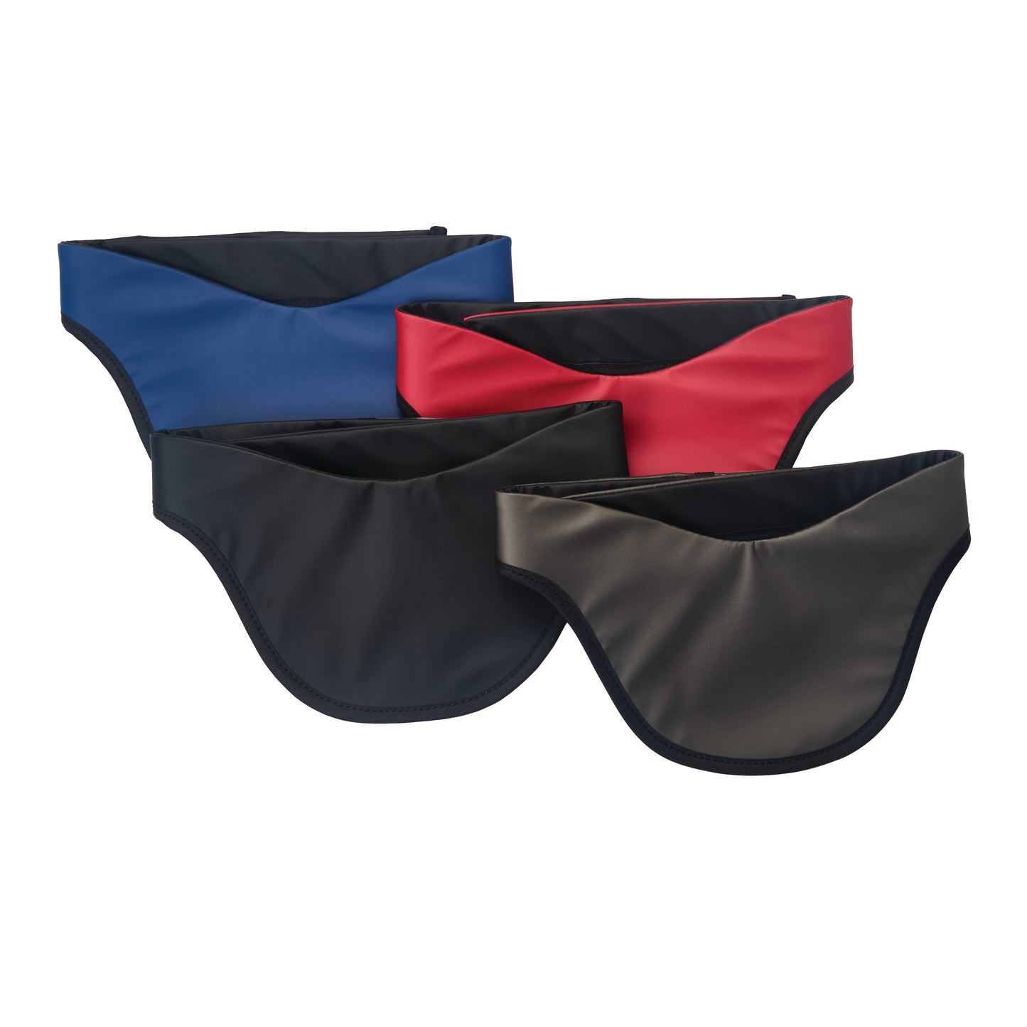 Four AliMed Grab n Go Thyroid Shields in blue, red, black, and gray are arranged overlapping each other.