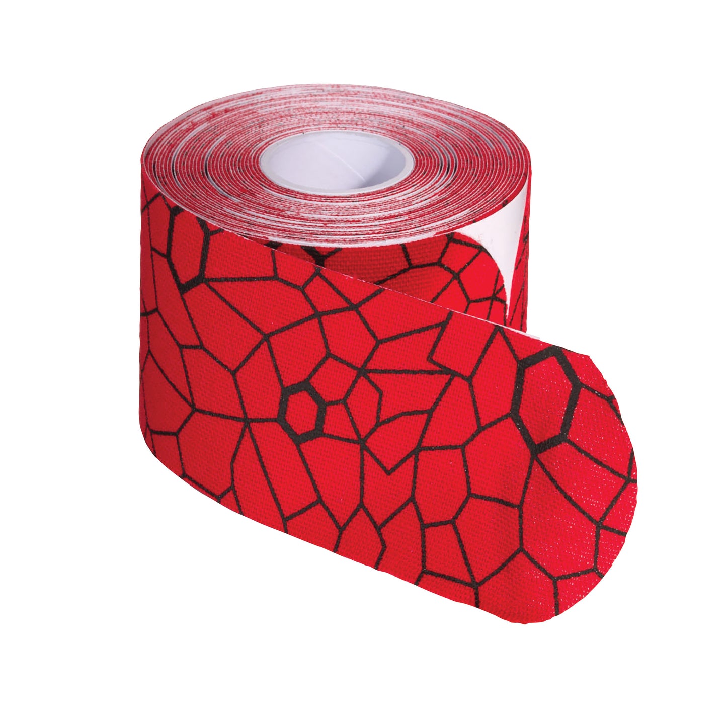 Roll of Thera-Band Kinesiology Tape, red with black geometric pattern, partially unrolled.