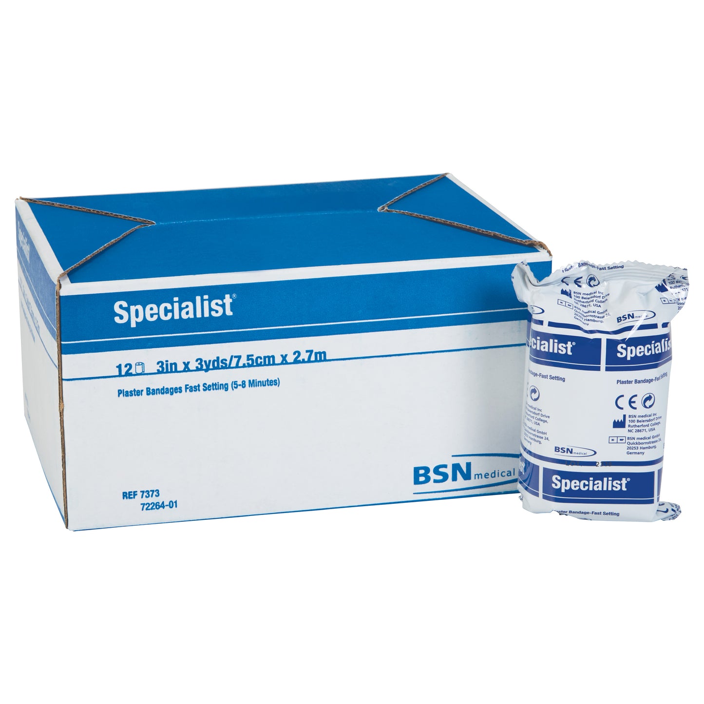 A box and a roll of Delta-Cast Specialist Plaster of Paris Bandage by BSN medical. The packaging is blue and white.