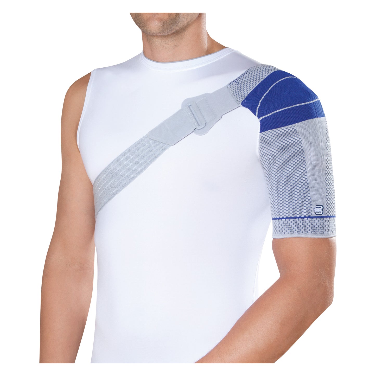 Man wearing a Bauerfeind OmoTrain S shoulder support with a gray and blue design, over a white sleeveless shirt.