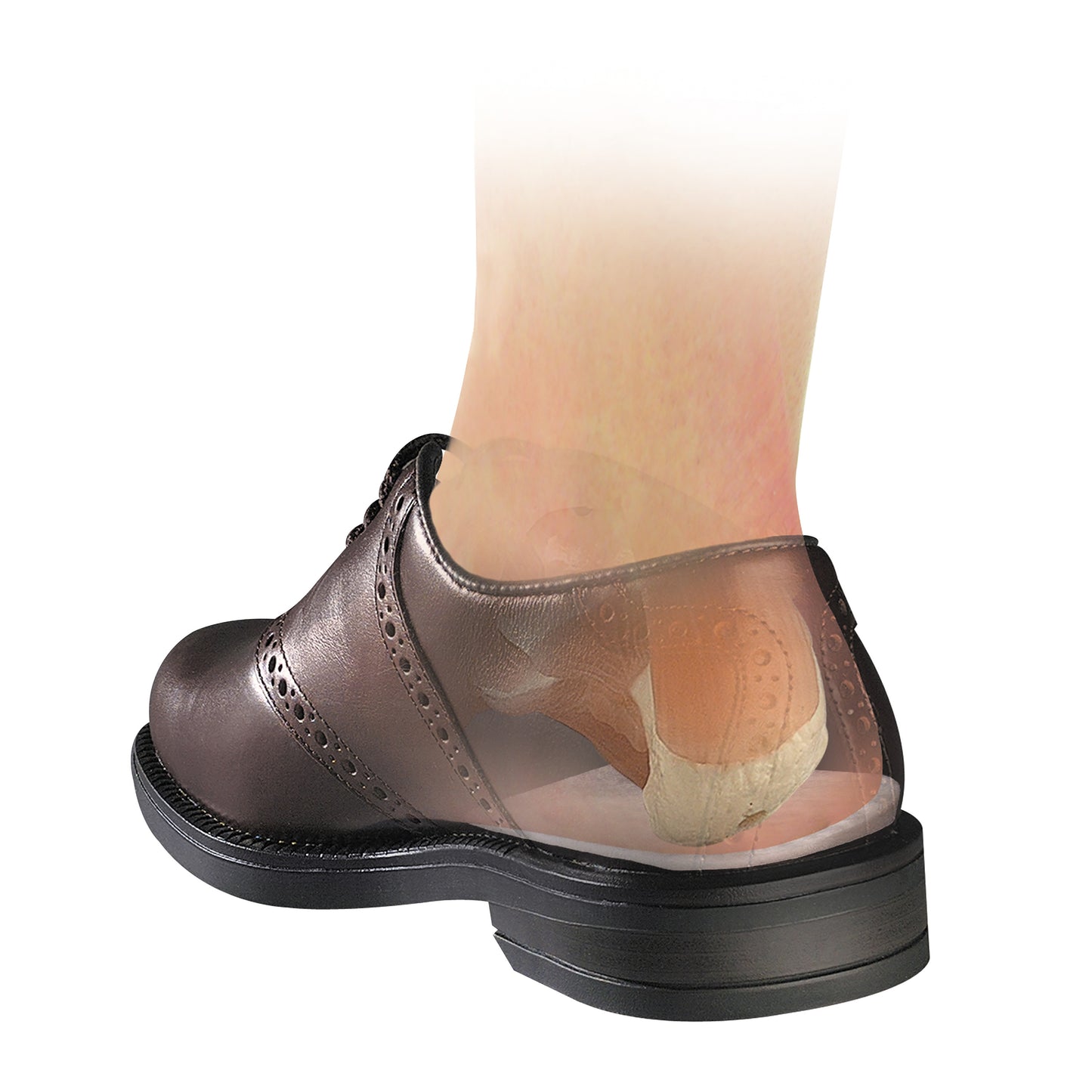 A leather shoe with a semi-transparent section shows a foot inside, highlighting the Hapad Medial/Lateral Heel Wedge for support.