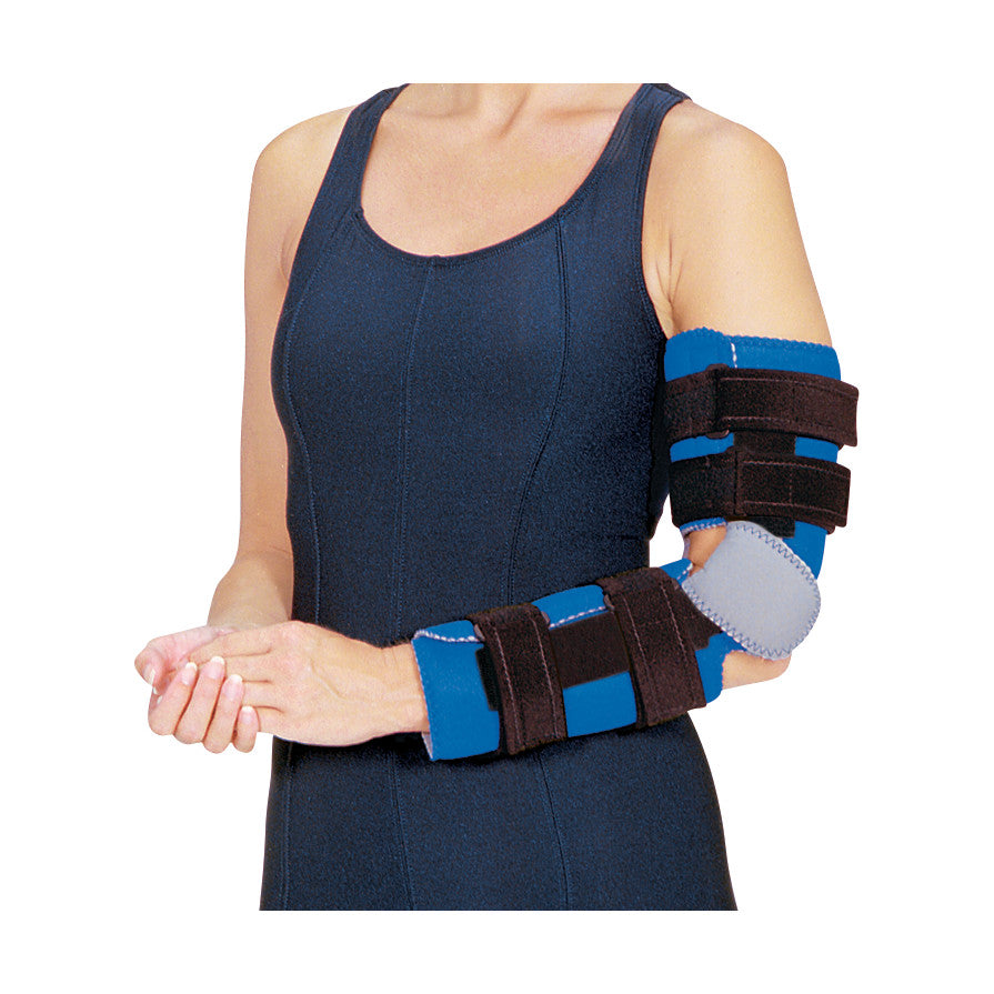 Person wearing an RCAI Flex Cuff Elbow Orthosis, which is a blue and black supportive brace around the elbow and forearm.