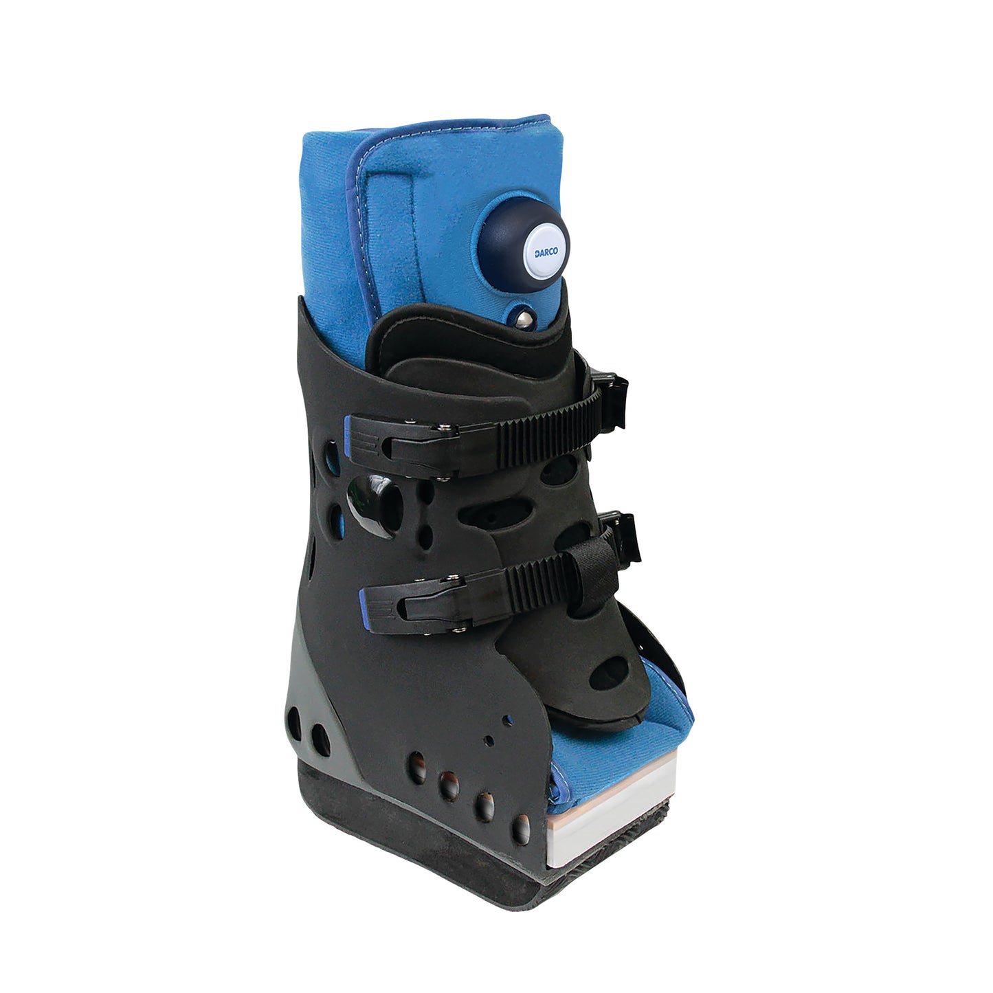 The DARCO Body Armor Pro Term is a black orthopedic walking boot with blue lining and adjustable straps for foot support.