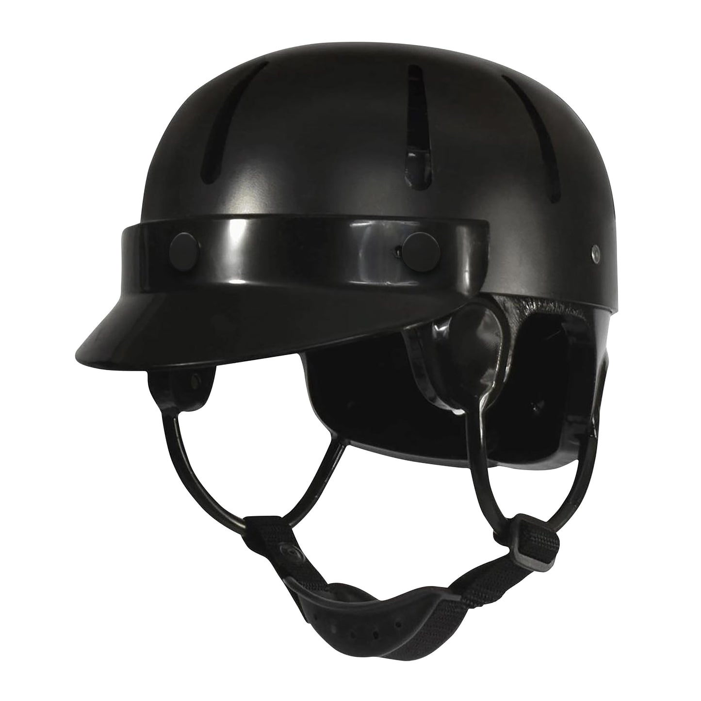 Black Danmar Products Hard Shell Helmet with a short visor and adjustable chin strap.