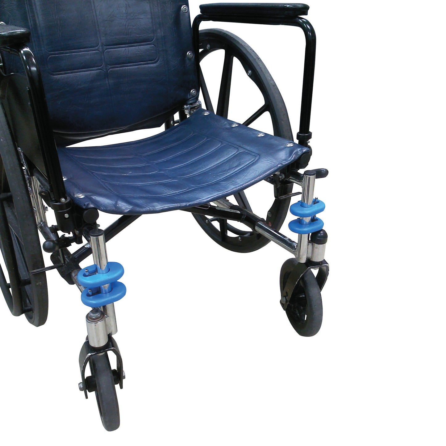 A wheelchair with Calf Bumpers attached to the front wheel supports, featuring blue cushioned rings for protection and comfort.
