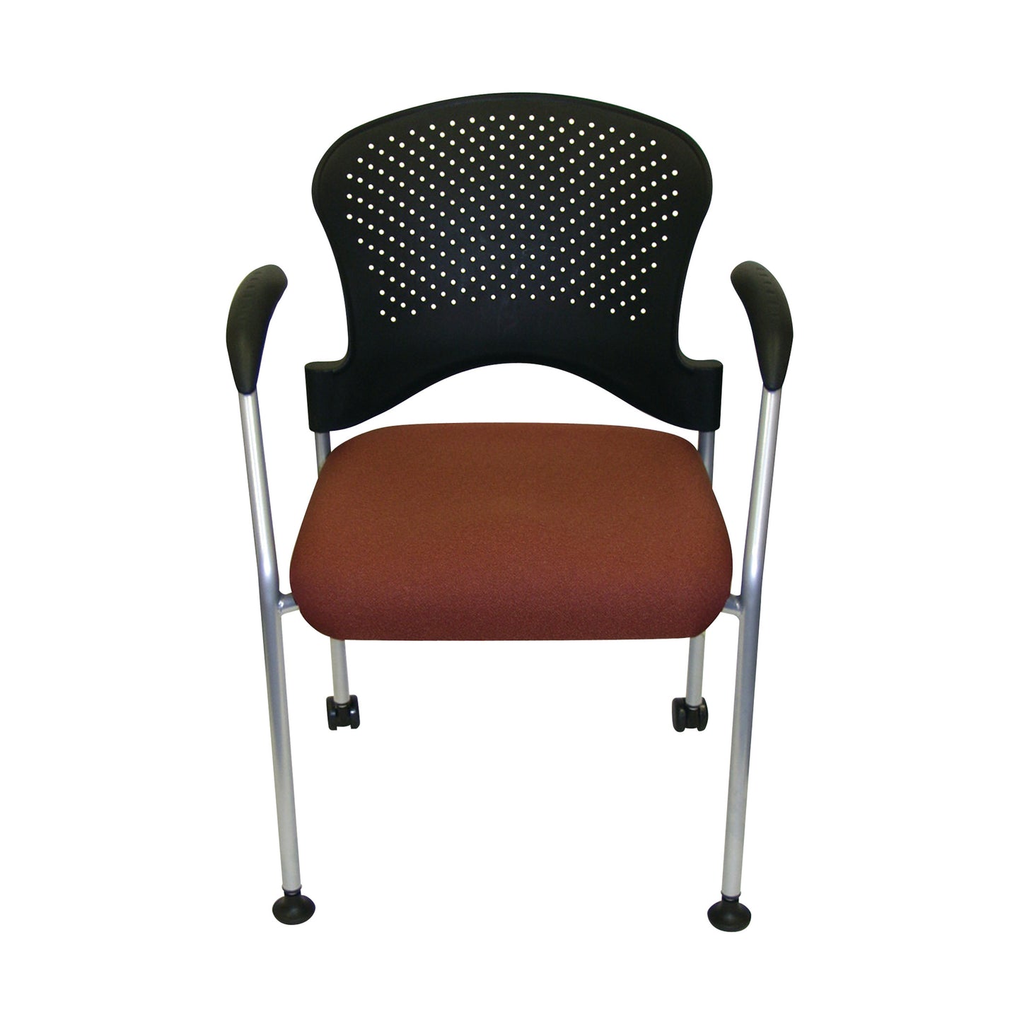 SG2K Stackable Guest Chair with a brown cushioned seat, black perforated backrest, and silver legs with black armrests.