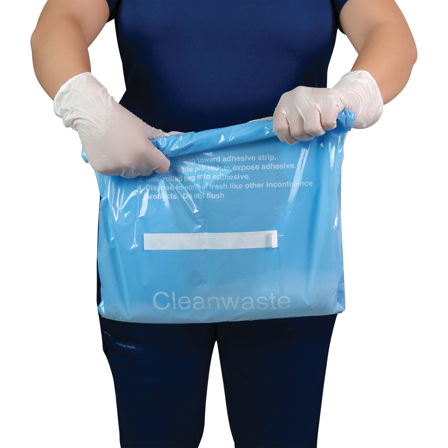 A person wearing gloves holds a blue bag labeled "Cleanwaste." It features THE SANI-BAG+ Commode Liner text on it.