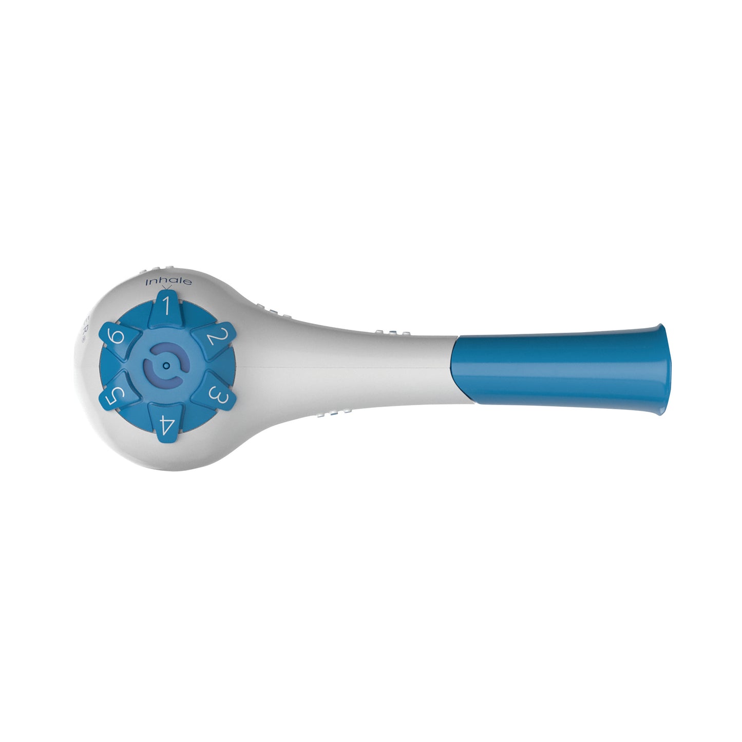 THE BREATHER Respiratory Muscle Trainer with numbered dial and blue accents for adjustable resistance.
