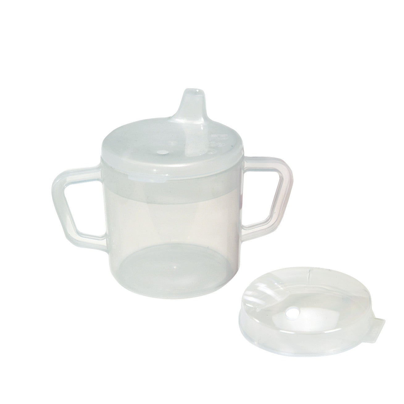 Clear Two-Handled Adaptive Mug with Lid. It has a spout lid and two handles for easy gripping, shown with a separate lid.