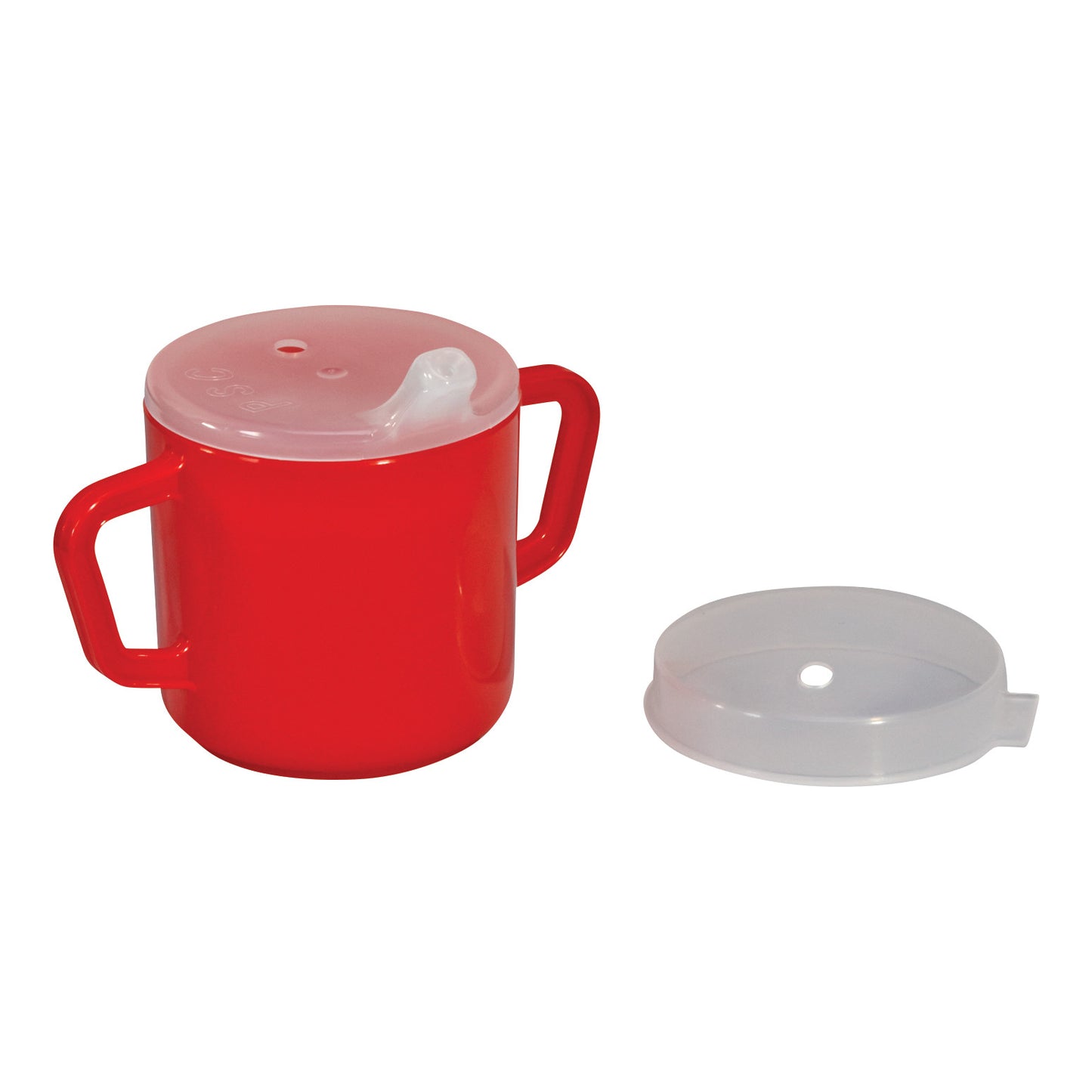 A Red Two-Handled Adaptive Mug with a Clear Lid is shown. The lid has a spout, and an additional lid is nearby on the surface.