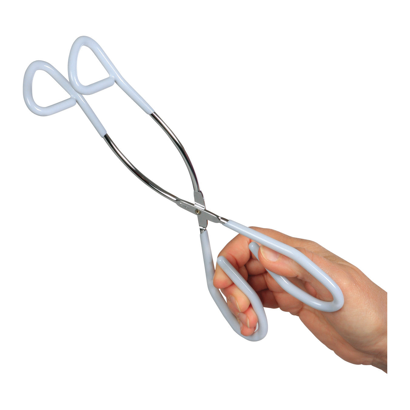 A hand holds the Therafin Short Toilet Paper Aid, a metal tool with light blue grips designed for hygiene assistance.