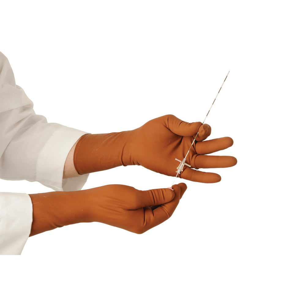 Hands wearing XGuard Radiation Attenuation Gloves hold a thin metal rod, against a white background.