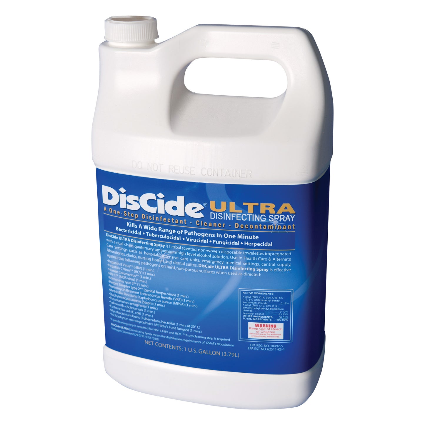 White gallon container of DisCide ULTRA Disinfectant with a blue label, used for cleaning and killing pathogens.