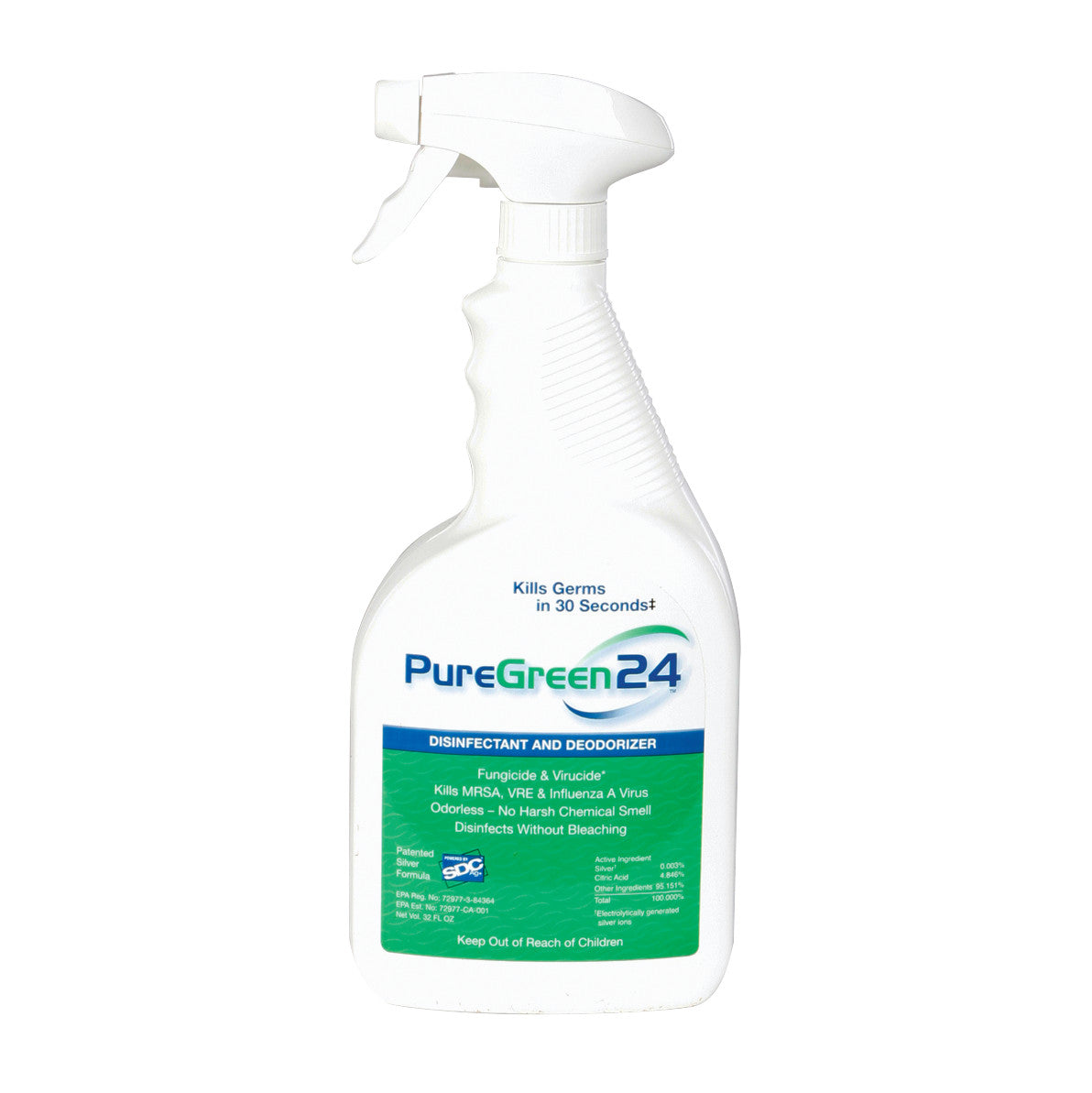 White spray bottle labeled "PureGreen24 Disinfectant and Deodorizer Spray," claims to kill germs in 30 seconds, odorless formula.