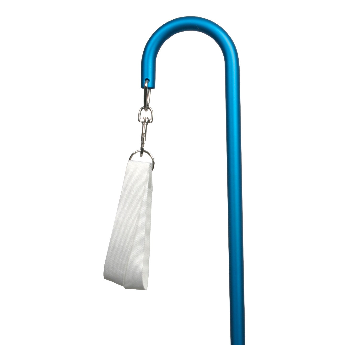 Blue curved arm with a "Replacement Strap for AliMed Lithotomy Holder" attached, featuring a white strap and metal clip.