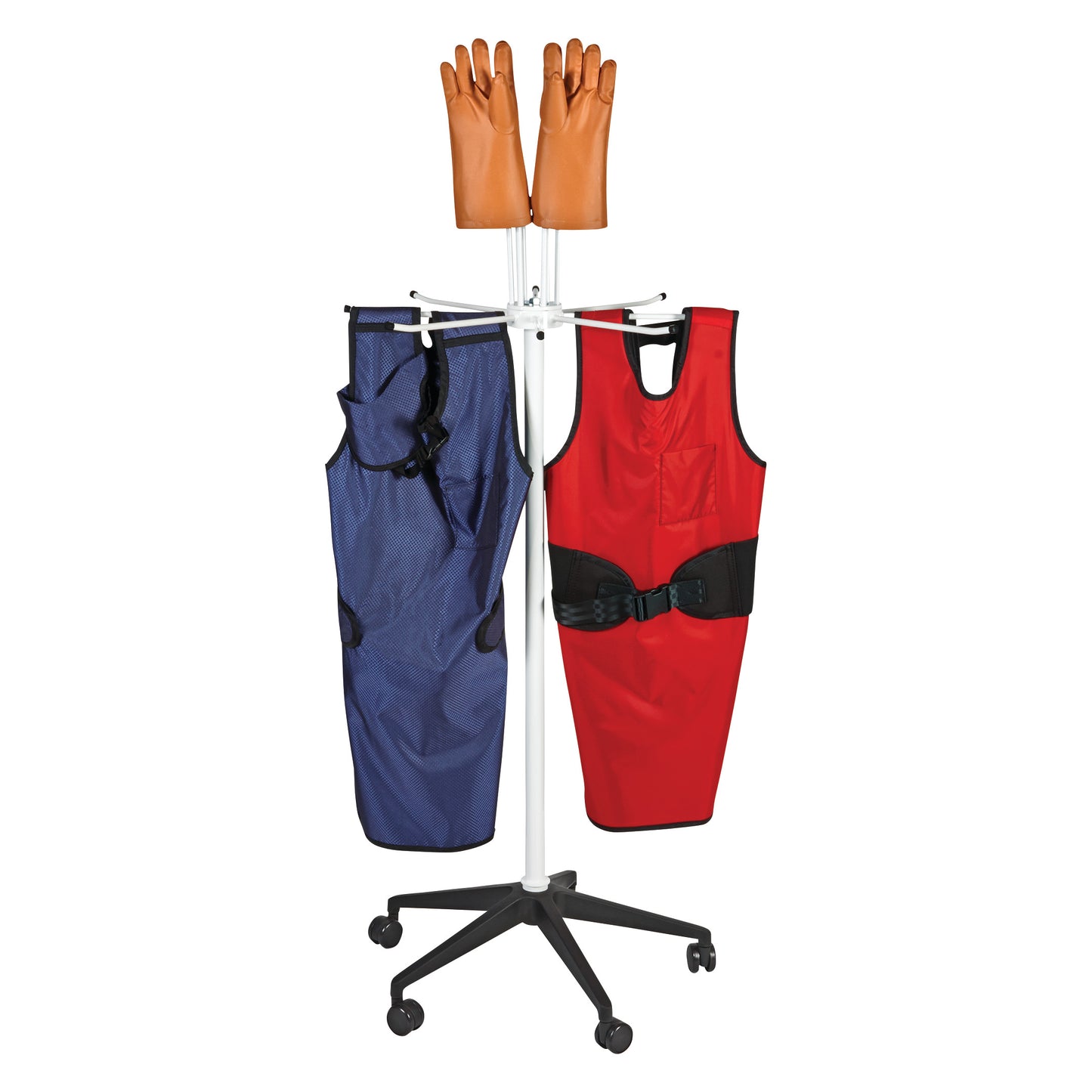 The AliMed Mobile Porta-Rak holds two protective aprons and two pairs of gloves on a wheeled stand with arms for hanging.