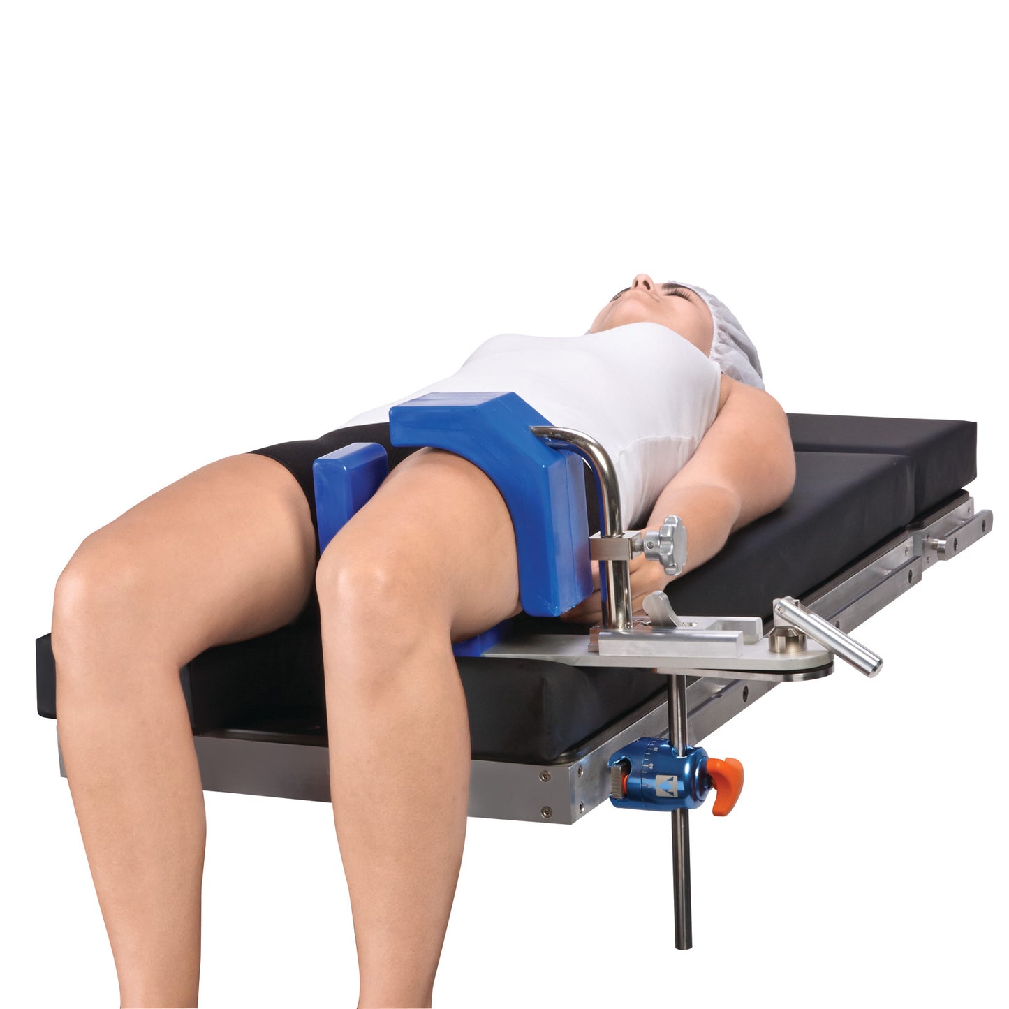 The AliMed Fluid-Proof Arthroscopic Leg Holder secures a patient's leg during a procedure on an operating table.