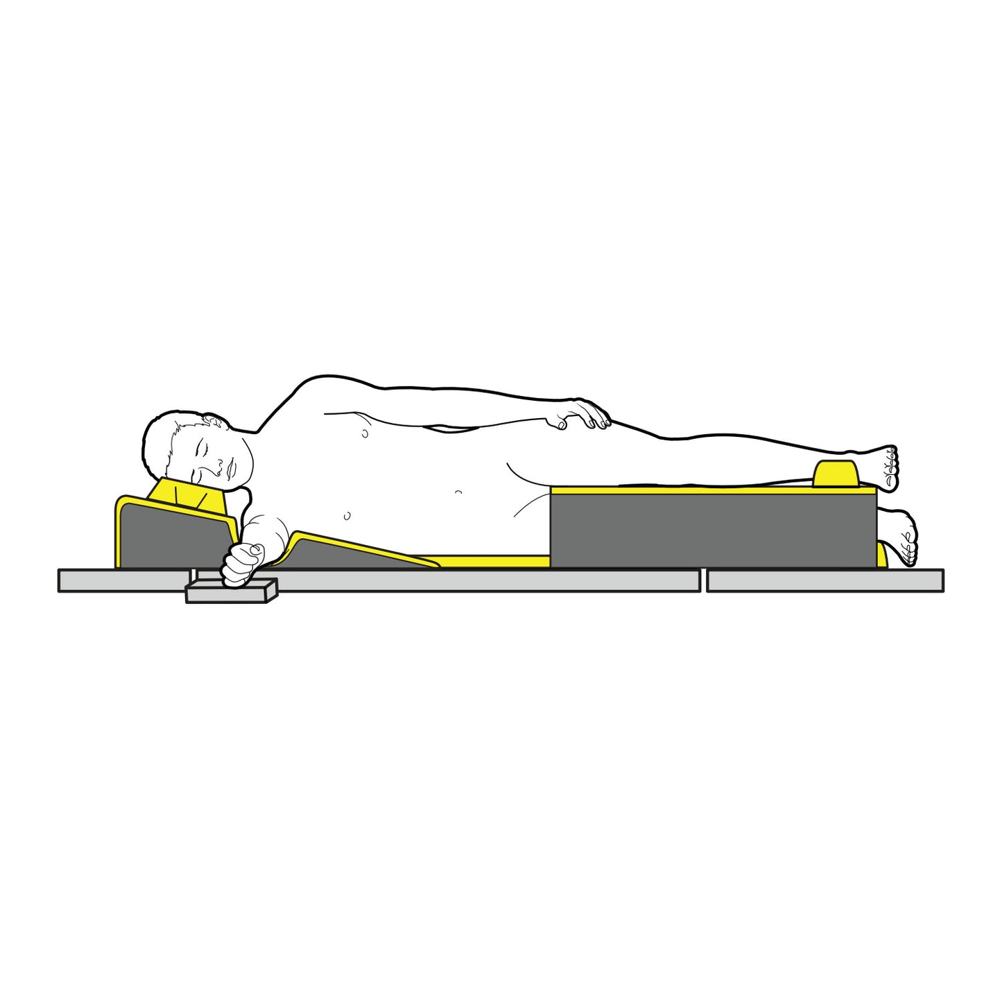A person is shown lying on their side, supported by the AliMed AliLite Lateral Positioning Set, featuring contoured cushions.
