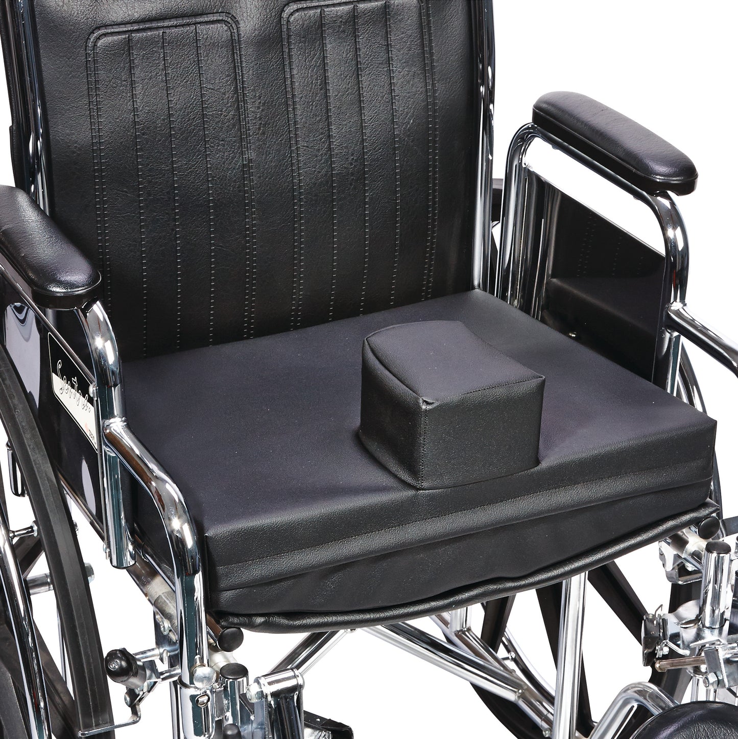 Sit-Straight Wheelchair Cushion w/Semirigid Pommel, Black Water-Resistant Cover, 16"W x 16"D