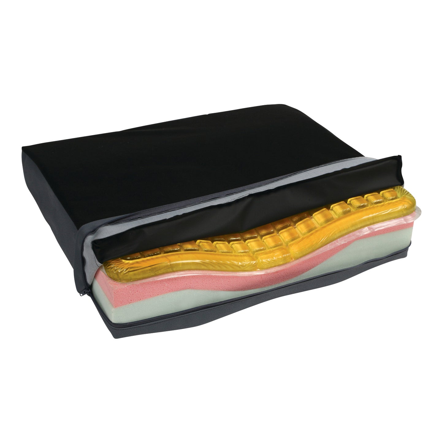 Coccyx Wheelchair Cushion with Checkerboard T-Gel Topper, Black AliTex Cover, 16"W x 16"D