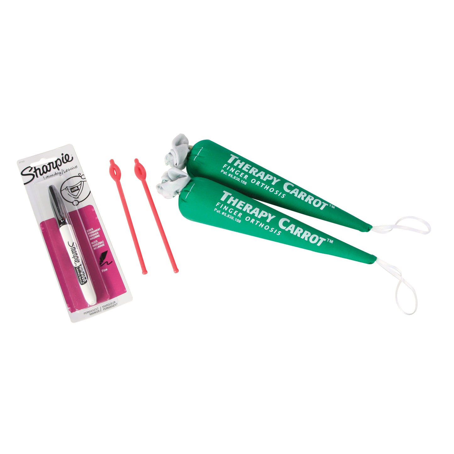 The Carrot Hand Contracture Orthosis Kit includes green carrot-shaped orthoses, two red tools, and a Sharpie pen.