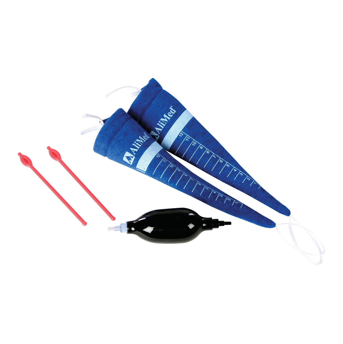 AliMed Inflatable Therapy Carrot Accessory Kit with two blue carrot-shaped bags, two red plastic tools, and a black pump.