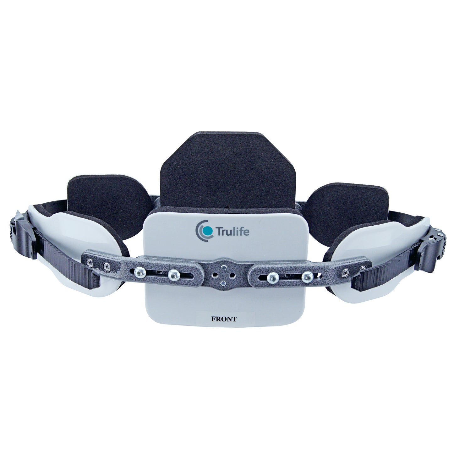 Trulife Pectus Carinatum Brace featuring adjustable straps and padding for support, labeled "FRONT," with a logo on the front panel.