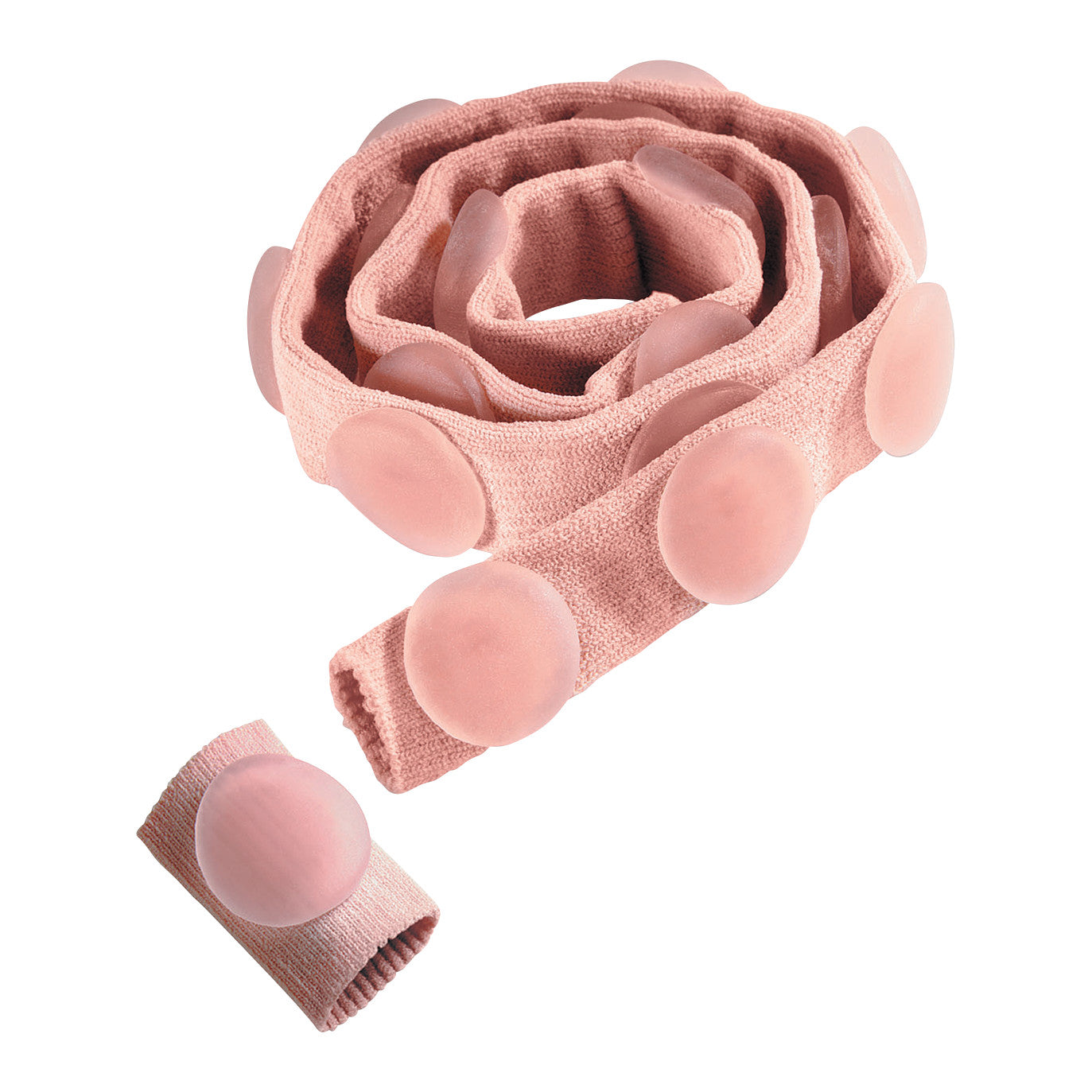 Silipos Digital Pads On A Strip, featuring a rolled pink elastic band with soft, round gel pads evenly spaced along its length.