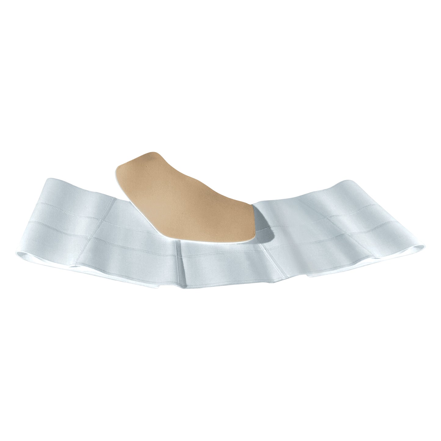 AliMed Mold-in-Place Back Support with a tan contour pad attached to a wide, white adjustable band for lumbar support.