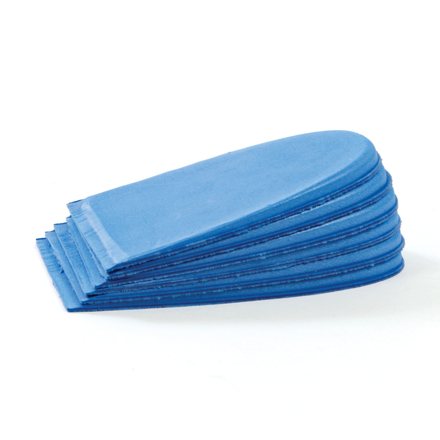 A stack of blue AliMed Achilles Boot Wedge heel inserts, designed to help with heel elevation and support, lies on a white background.