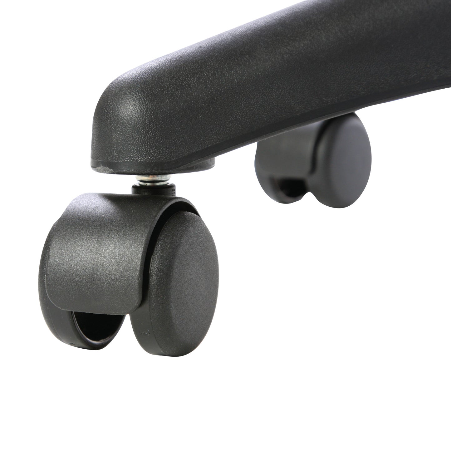 Close-up of the AliMed All-Purpose Stool with Safe-Brake Casters, showing a black caster wheel on a smooth surface.