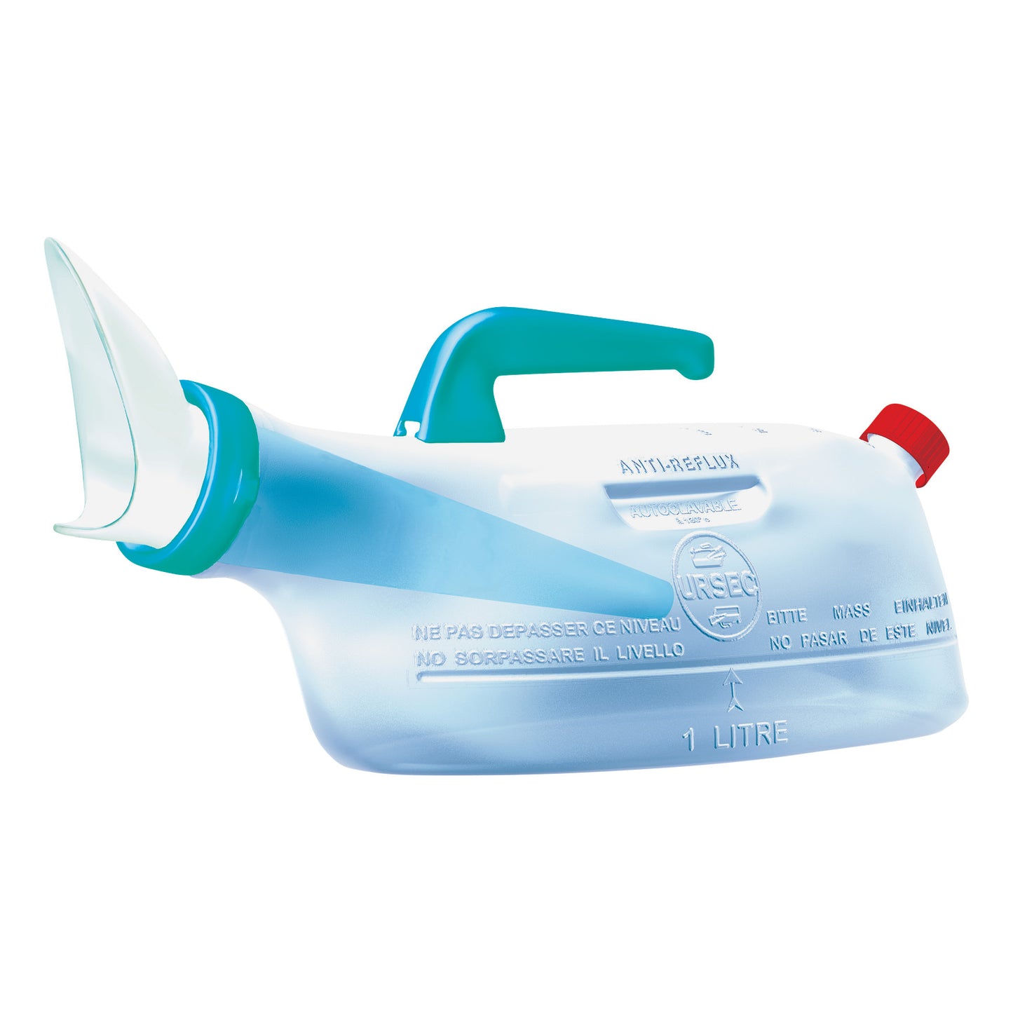 Female Adapter for URSEC Spillproof Urinal, featuring a handle, angled spout, and red cap, designed to prevent spills.