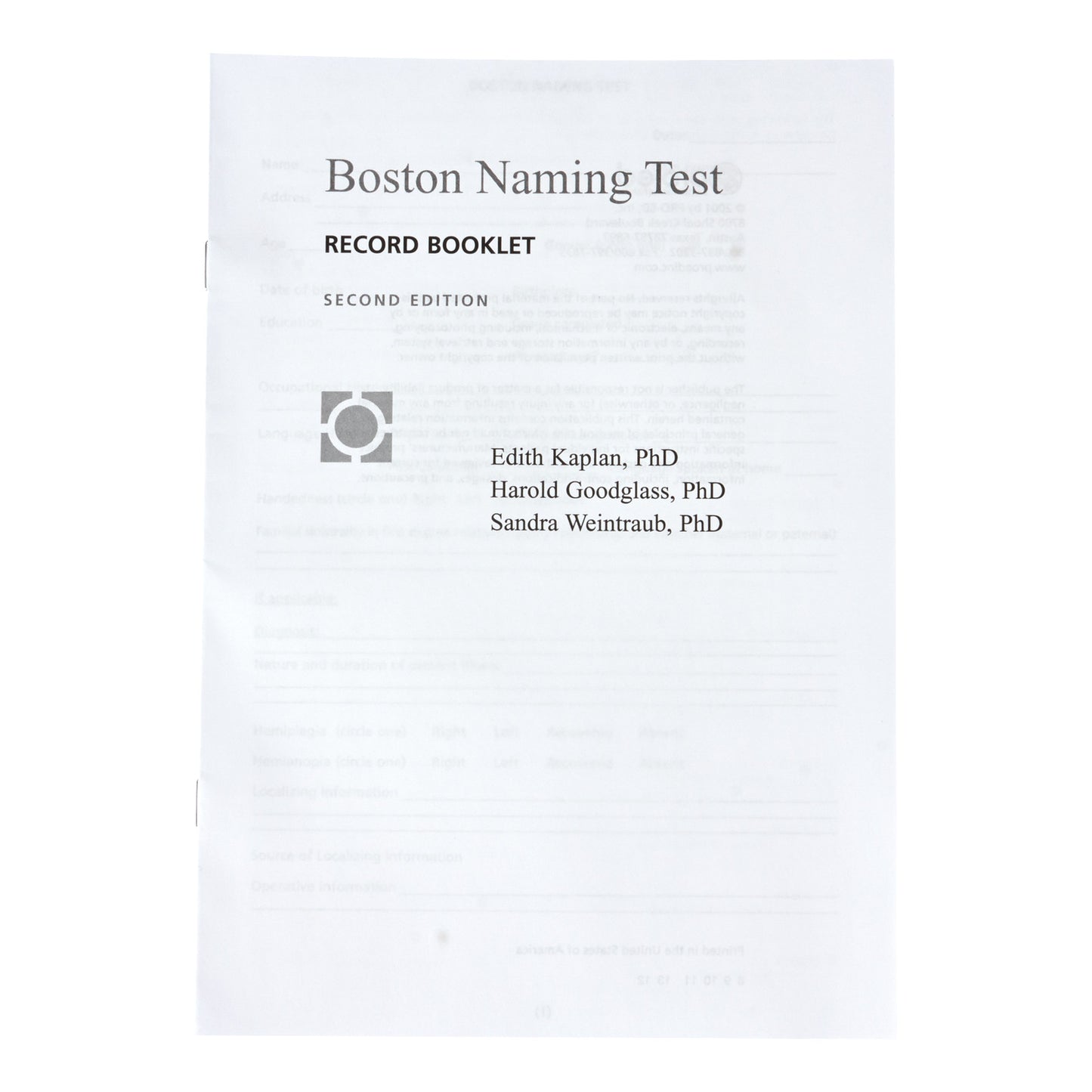 The Boston Naming Test, 2nd Ed. (BNT-2) Record Booklet cover lists authors Edith Kaplan, Harold Goodglass, and Sandra Weintraub.