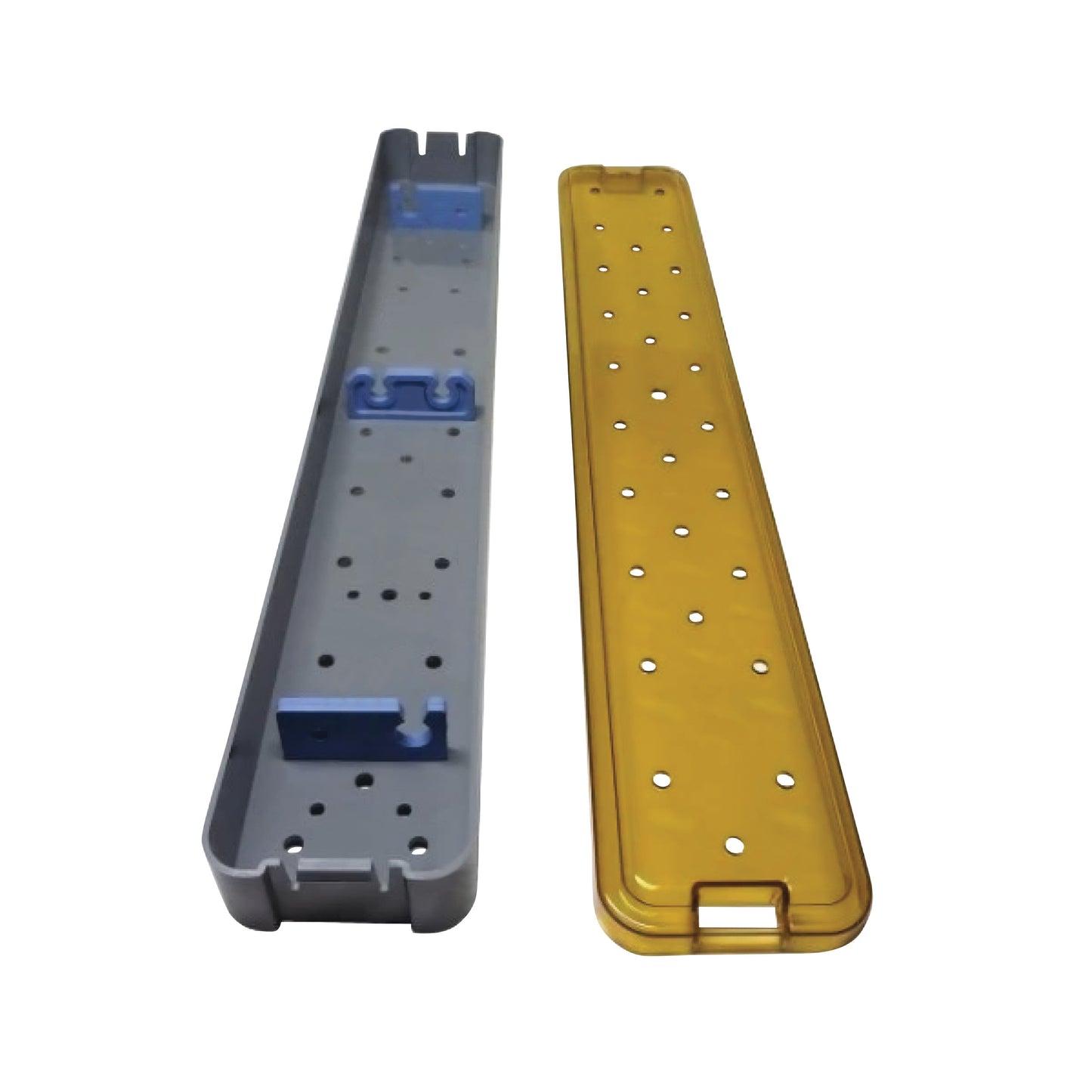 The PST Scope Sterilization Tray includes a blue and gray base with slots and a yellow transparent cover with perforations.