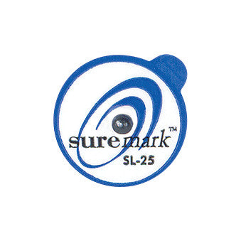 Suremark Original Skin Marker shows a circular white tag with blue swirl design and "Suremark SL-25" text around a central marker.