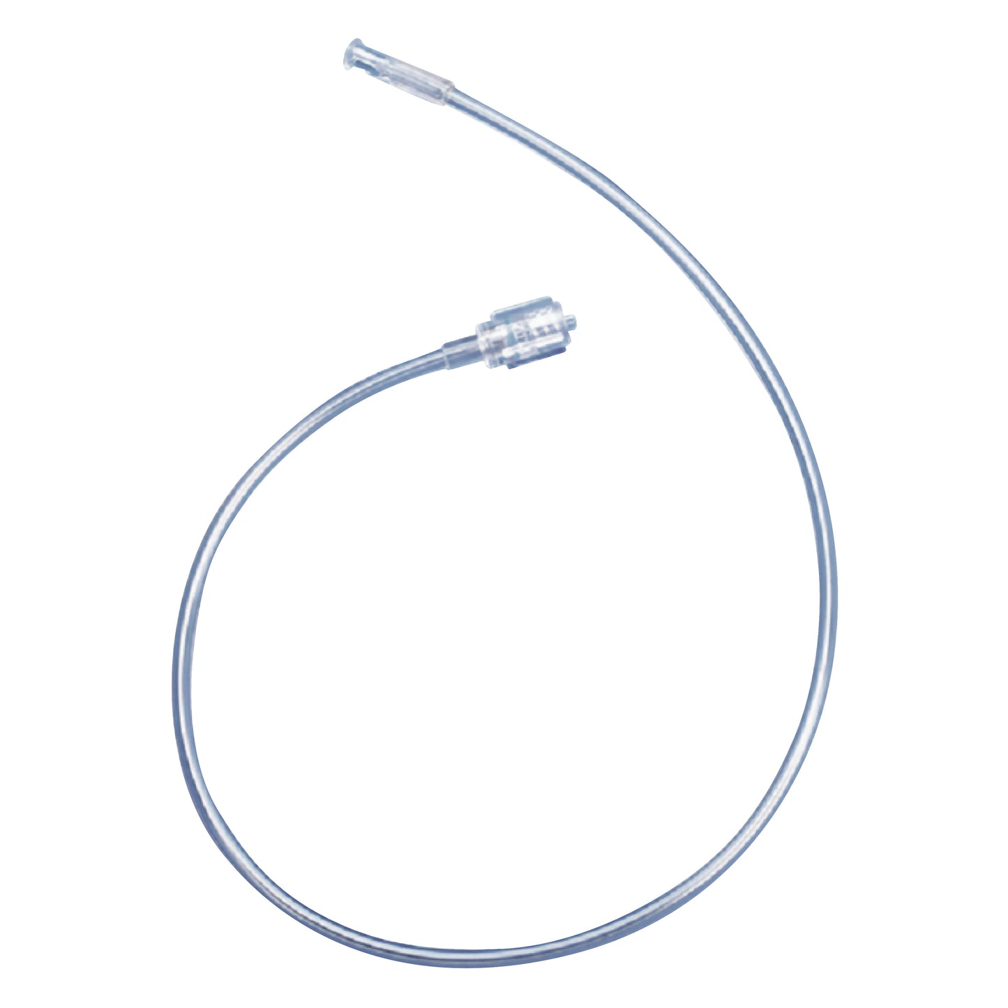 DeRoyal Non-Braided High Pressure Injector Line with Female to Male Luer Lock, featuring a transparent flexible tubing.