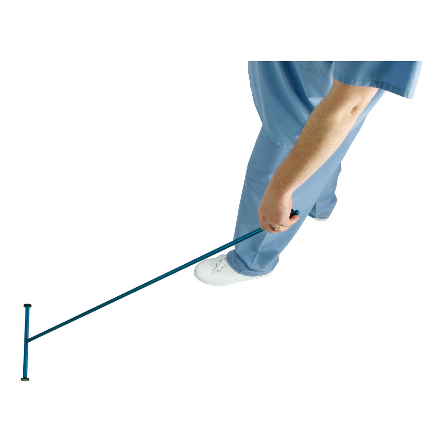 Person in blue scrubs uses the AliMed Rolling Magnetic Needle Finder, holding a pole with a T-shaped tip, on a white background.