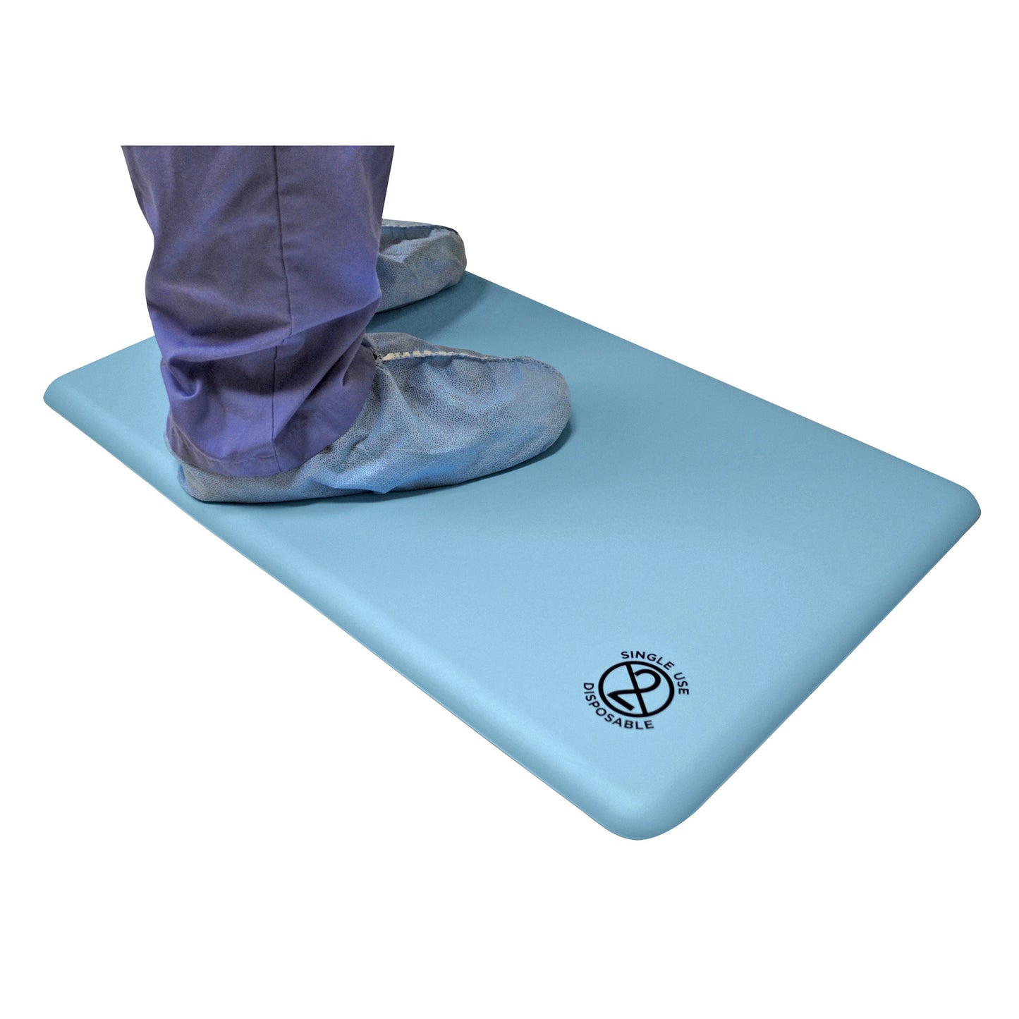 Person standing on a GelPro Disposable Surgical Comfort Floor Mat. The mat is blue with a 'Single Use Disposable' label.