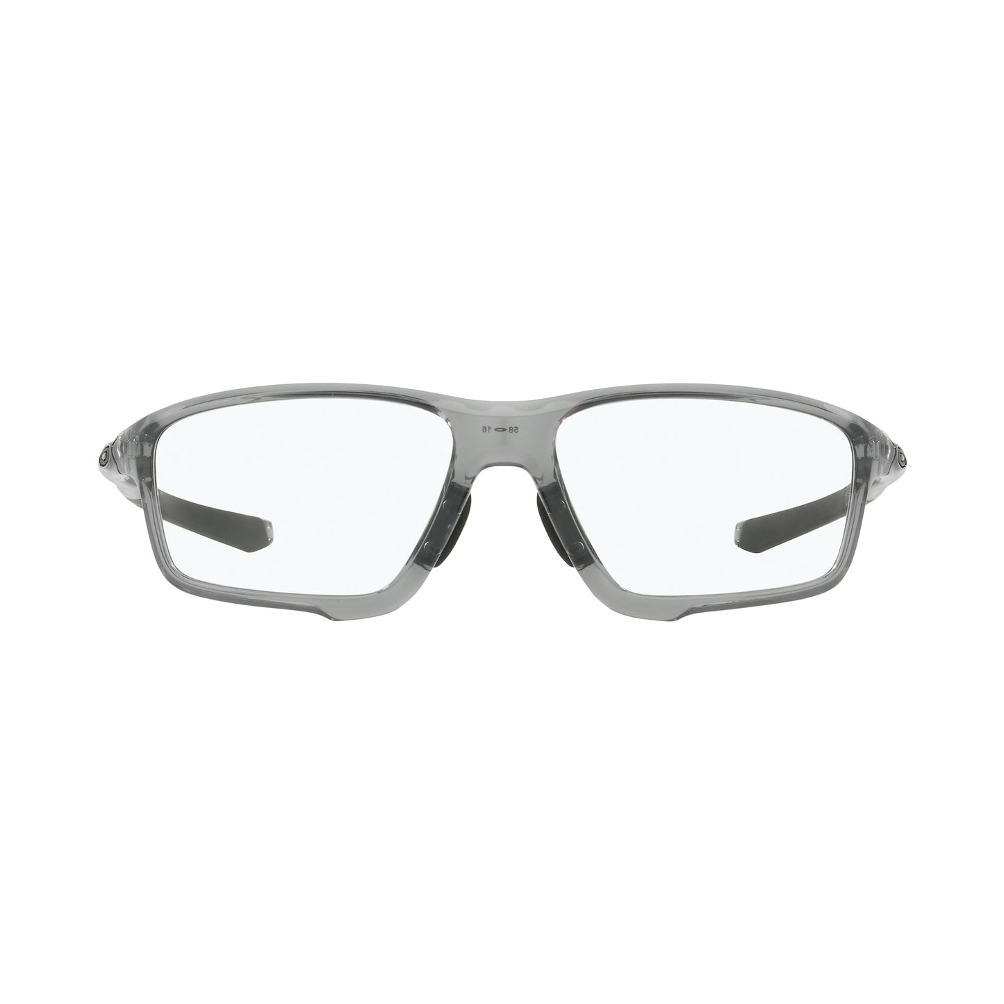 Oakley Crosslink Radiation Protection Eyewear in transparent gray, featuring a wrap-around design with rectangular lenses and black temples.