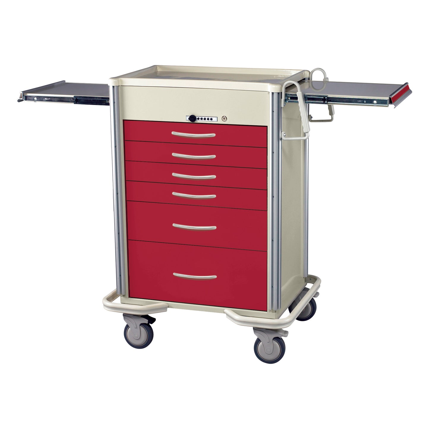 AliMed Select Series 6-Drawer Anesthesia/Procedure Cart with Push-Button Lock, 30" Drawer Space, red drawers, pull-out shelves, wheels.