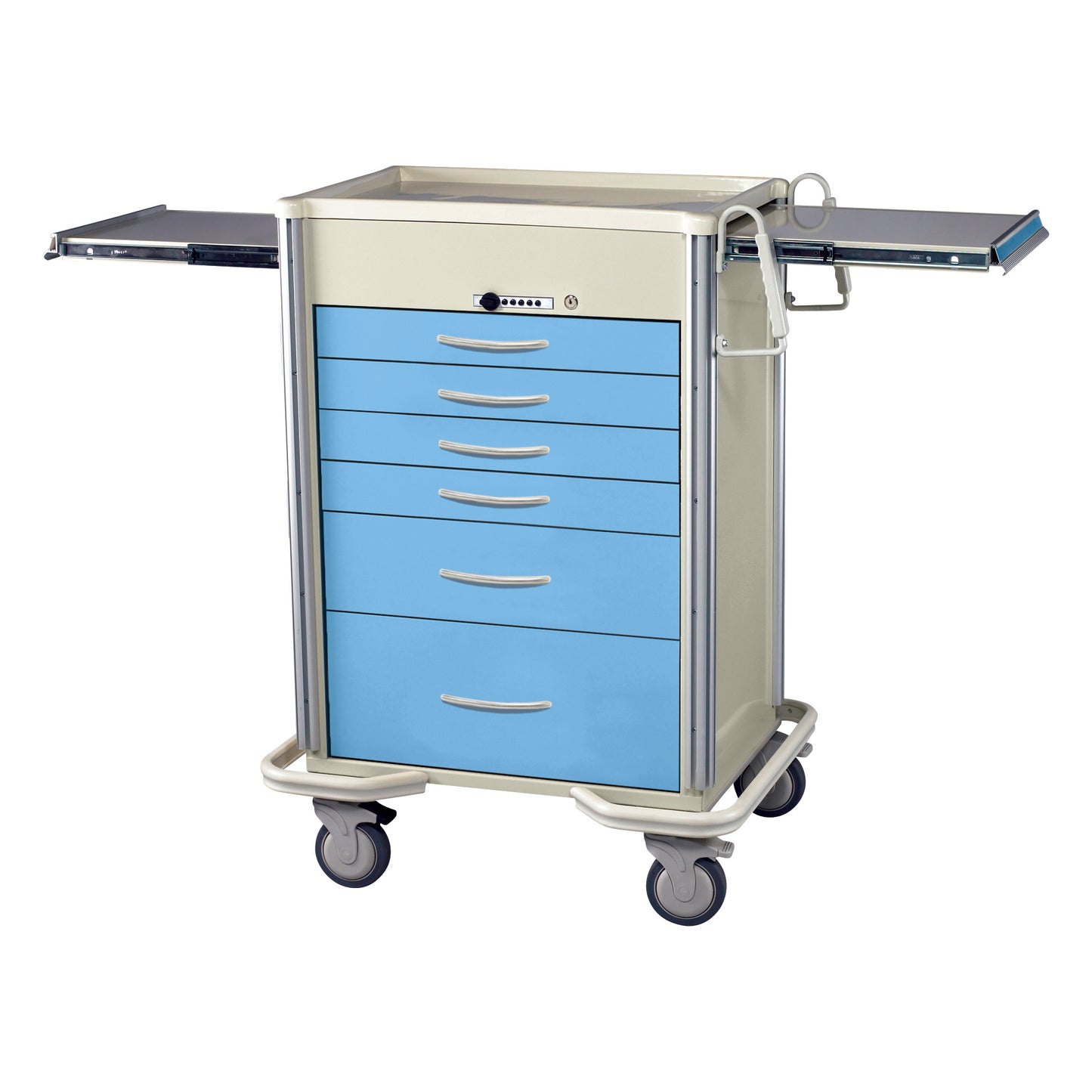 AliMed Select Series 6-Drawer Anesthesia/Procedure Cart with Push-Button Lock, 30" Drawer Space, featuring blue drawers and wheels.